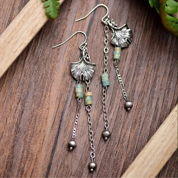 Amazonite Leaf Dangle Earrings Jasper Stone - Picture 2 of 4